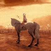 a woman riding a horse in a field with birds flying in the background