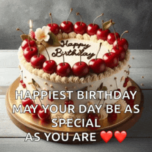 a birthday cake with cherries on top and the words happy birthday may your day be as special as you are