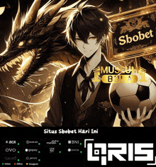 a man holding a soccer ball next to a sign that says " situs sbobet hari ini "