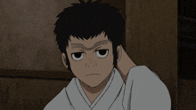 a cartoon character with a white shirt and black hair making a funny face