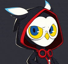 a cartoon owl is wearing a black hood and glasses