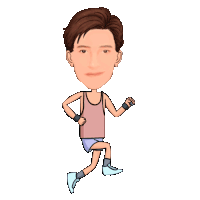 a cartoon of a man in a pink tank top and blue shorts running