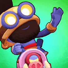 a cartoon character wearing a helmet and goggles holds a pink object
