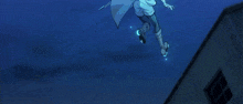 a cartoon character is flying through a blue beam of light .