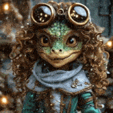 a doll with a lizard face and goggles on her head