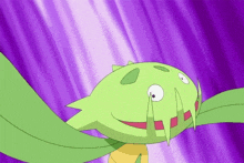 a green cartoon character with a purple background is flying through the air
