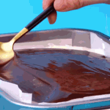a person is using a spoon to spread chocolate on a cake