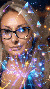 a woman with glasses is surrounded by glowing objects
