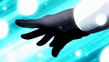 a hand in a black glove is reaching out towards the sky