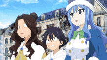 three anime characters are standing in front of a building and one has a surprised look on her face