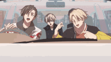 three anime characters are sitting in a car and one of them has the letter f on his shirt