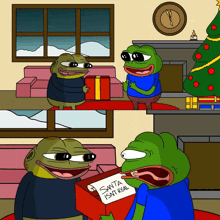 a cartoon of two frogs in a living room with a box that says santa isn t real