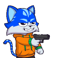 a cartoon cat holding a gun and wearing an orange hoodie