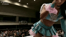 a woman in a blue and pink outfit is standing in a wrestling ring .