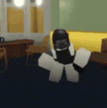 a cartoon character is standing in a room wearing a helmet and goggles