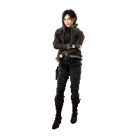 a woman standing with her arms crossed wearing a brown jacket