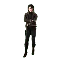 a woman standing with her arms crossed wearing a brown jacket