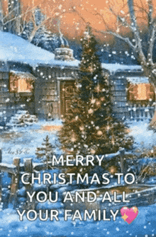 merry christmas to you and all your family with a christmas tree in front of a house