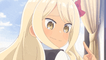 a girl with blonde hair and a red bow on her head is pointing at something