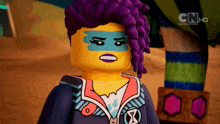 a lego girl with purple hair and a cartoon network logo on the bottom