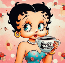 betty boop is holding a cup of coffee that says happy monday on it