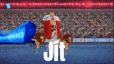 a cartoon of a king surrounded by lions with the word jit in white