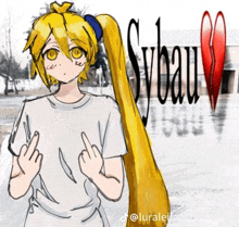 a drawing of a girl giving the middle finger with the word sybau behind her