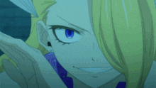 a cartoon character with blonde hair and blue eyes is making a funny face