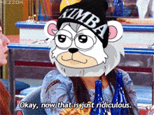 a cartoon bear wearing a beanie that says kimba on it