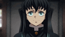 a close up of a person 's face with long black hair .
