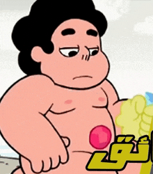 a cartoon character without a shirt is standing on a beach with a bubble in his belly .