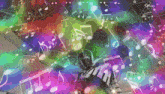 a colorful background with music notes and a person in a black and white scarf