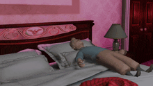 a cartoon of a man laying on a bed with a lamp