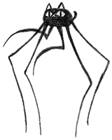 a black and white drawing of a spider with a cat 's face on it 's head .