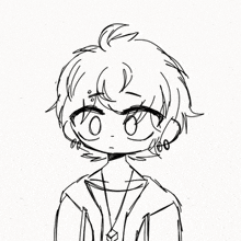 a black and white drawing of a boy wearing a hoodie and a necklace .