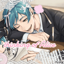 a picture of a boy with the words thinking of alice written on it