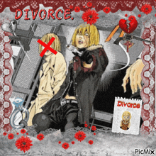 a picture of a man holding a gun with the word divorce written on it