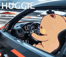 a cartoon bear is driving a car with the word huggies written on the side