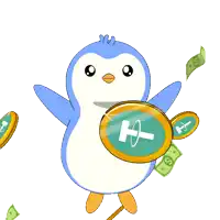 a cartoon penguin is surrounded by money and coins with the letter t on it