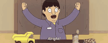 a cartoon man is sitting at a table with his arms in the air and says " alright "