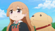 a girl with long brown hair stands next to a dog