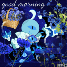 a greeting card that says good morning with a blue cartoon character