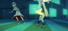 two anime girls are dancing in a dark room with a lot of monitors