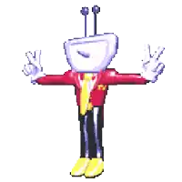 a pixel art of a cartoon character with arms outstretched and a purple head