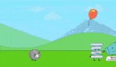 a group of cartoon characters including yoga ball and dora jr. are standing in front of a mountain