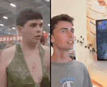 a man in a bikini and a man in a champion shirt are standing next to each other .