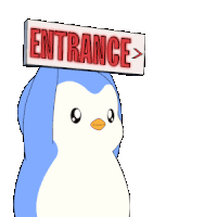 a cartoon penguin is holding a sign that says entrance