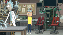 a cartoon of rick and morty standing next to each other in a laboratory