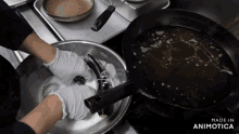 a person is cooking in a frying pan with the words made in animotica on the bottom