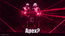 a couple of people are dancing in front of a red background with the words apex ?